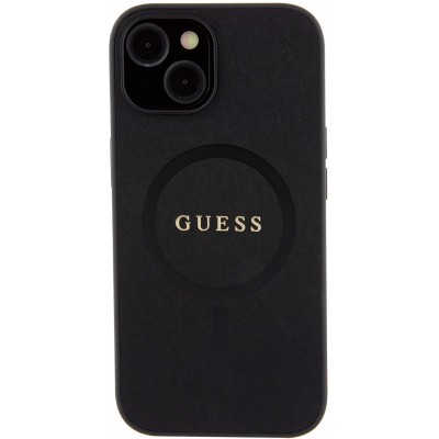 iPhone 15 Case Hülle - Guess Kunstleder Saffiano Gold Metall-Logo und MagSafe - Schwarz
