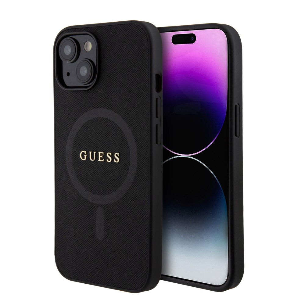iPhone 15 Case Hülle - Guess Kunstleder Saffiano Gold Metall-Logo und MagSafe - Schwarz
