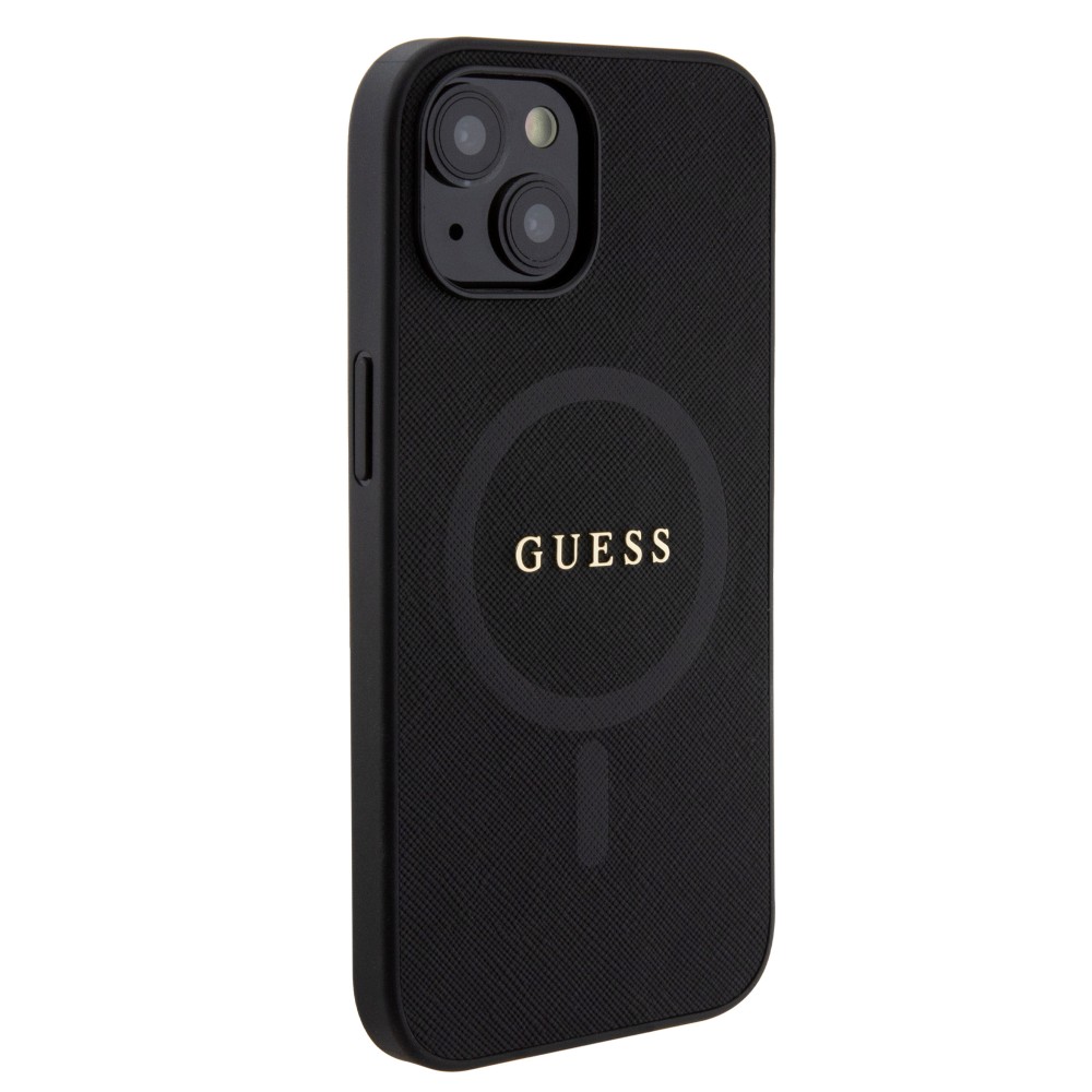 iPhone 15 Case Hülle - Guess Kunstleder Saffiano Gold Metall-Logo und MagSafe - Schwarz