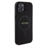 iPhone 15 Case Hülle - Guess Kunstleder Saffiano Gold Metall-Logo und MagSafe - Schwarz