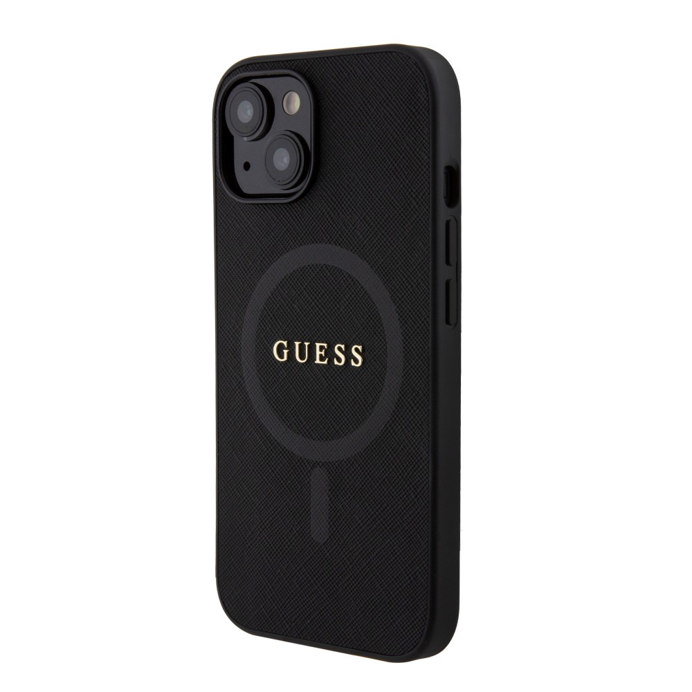iPhone 15 Case Hülle - Guess Kunstleder Saffiano Gold Metall-Logo und MagSafe - Schwarz