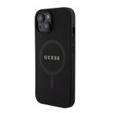 iPhone 15 Case Hülle - Guess Kunstleder Saffiano Gold Metall-Logo und MagSafe - Schwarz