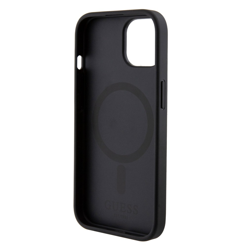 iPhone 15 Case Hülle - Guess Kunstleder Saffiano Gold Metall-Logo und MagSafe - Schwarz
