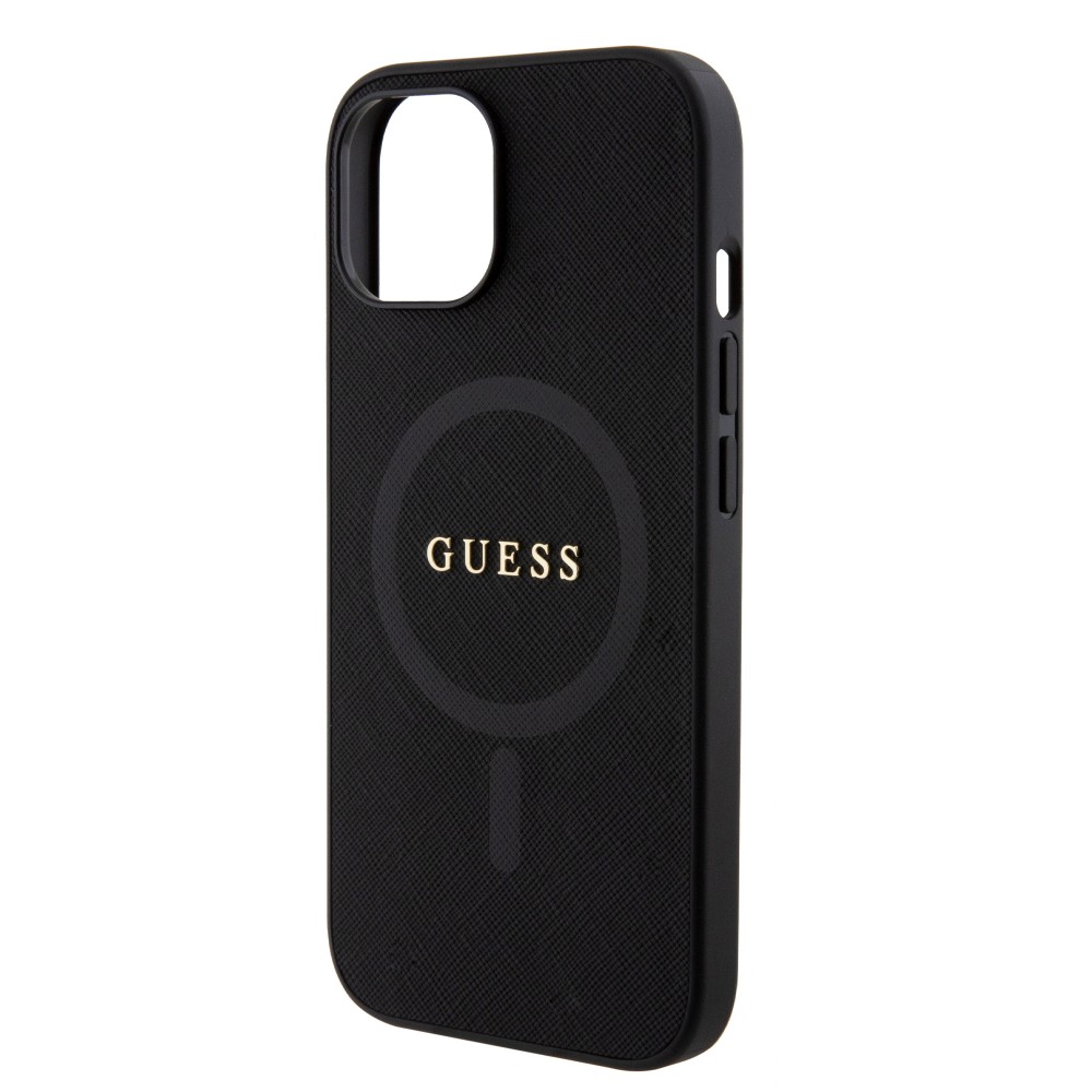 iPhone 15 Case Hülle - Guess Kunstleder Saffiano Gold Metall-Logo und MagSafe - Schwarz