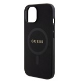 iPhone 15 Case Hülle - Guess Kunstleder Saffiano Gold Metall-Logo und MagSafe - Schwarz