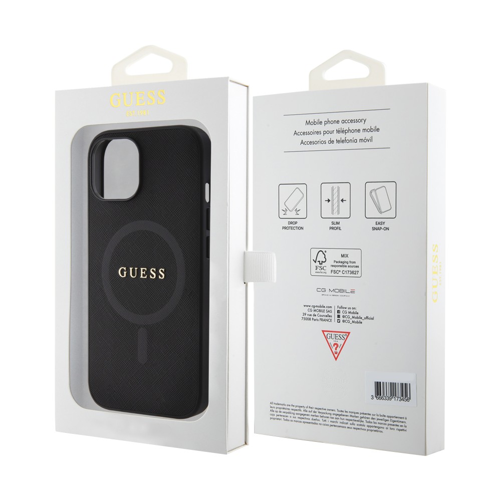 iPhone 15 Case Hülle - Guess Kunstleder Saffiano Gold Metall-Logo und MagSafe - Schwarz