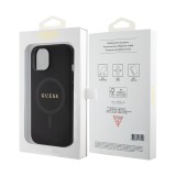 iPhone 15 Case Hülle - Guess Kunstleder Saffiano Gold Metall-Logo und MagSafe - Schwarz