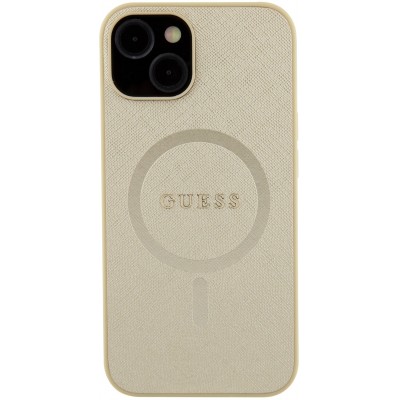 iPhone 15 Case Hülle - Guess Kunstleder Saffiano Gold Metall-Logo und MagSafe - Gold