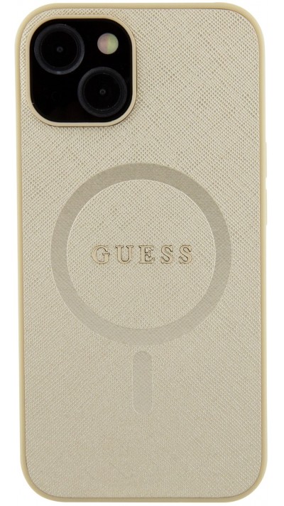 iPhone 15 Case Hülle - Guess Kunstleder Saffiano Gold Metall-Logo und MagSafe - Gold