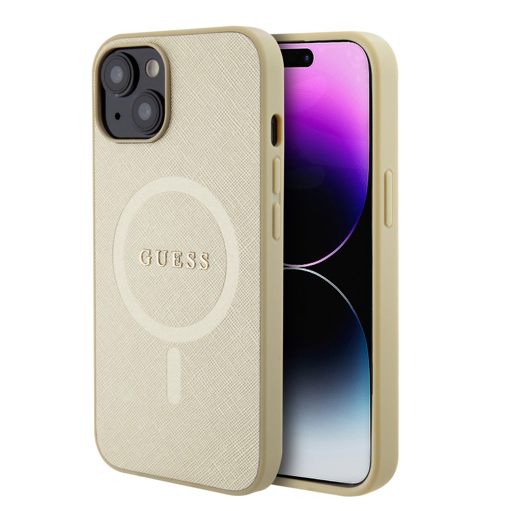 iPhone 15 Case Hülle - Guess Kunstleder Saffiano Gold Metall-Logo und MagSafe - Gold