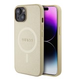 iPhone 15 Case Hülle - Guess Kunstleder Saffiano Gold Metall-Logo und MagSafe - Gold