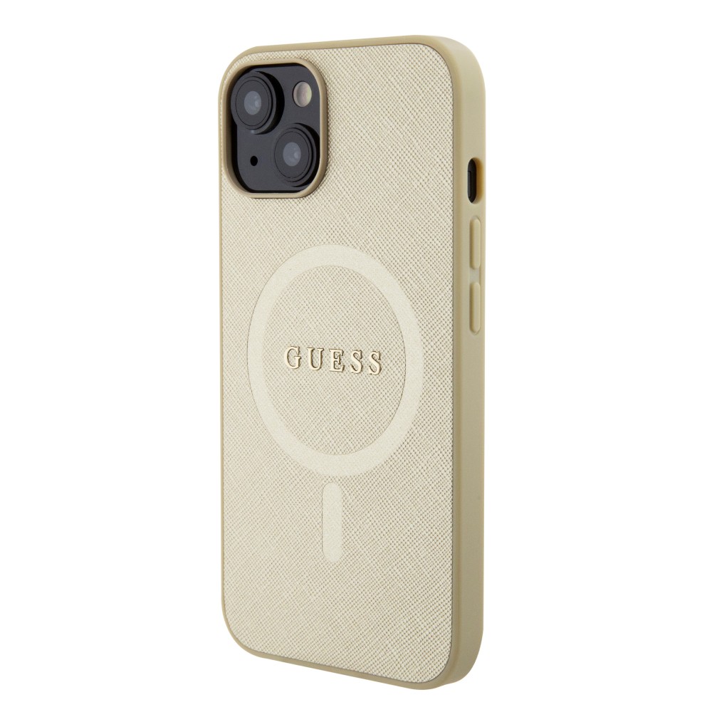 iPhone 15 Case Hülle - Guess Kunstleder Saffiano Gold Metall-Logo und MagSafe - Gold