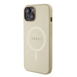 iPhone 15 Case Hülle - Guess Kunstleder Saffiano Gold Metall-Logo und MagSafe - Gold