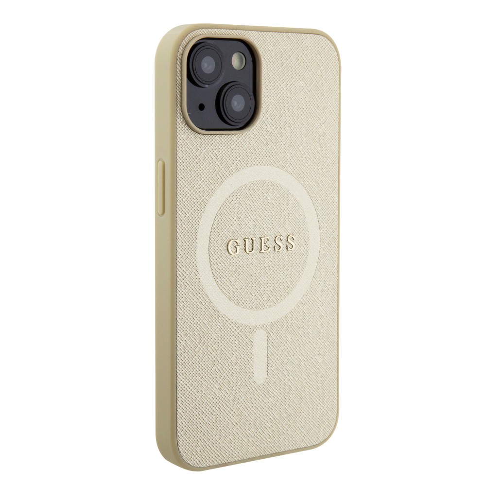 iPhone 15 Case Hülle - Guess Kunstleder Saffiano Gold Metall-Logo und MagSafe - Gold