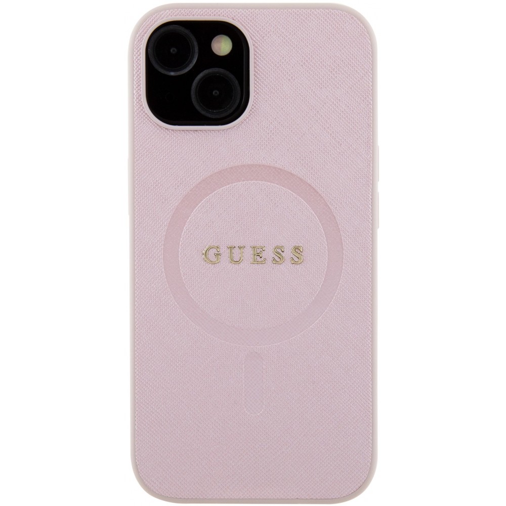 iPhone 15 Case Hülle - Guess Kunstleder Saffiano Gold Metall-Logo und MagSafe - Rosa