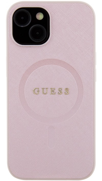iPhone 15 Case Hülle - Guess Kunstleder Saffiano Gold Metall-Logo und MagSafe - Rosa