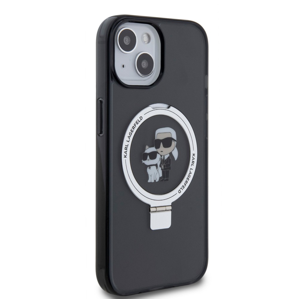 Coque iPhone 15 - Karl Lagerfeld et Choupette gel laqué avec anneau métallique de support amovible intégré et Magsafe - Gris