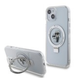 iPhone 15 Case Hülle - Karl Lagerfeld und Choupette Gel lackiert mit integriertem, abnehmbarem Metallstützring und Magsafe - Transparent