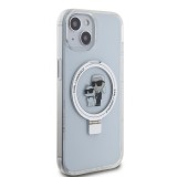 iPhone 15 Case Hülle - Karl Lagerfeld und Choupette Gel lackiert mit integriertem, abnehmbarem Metallstützring und Magsafe - Transparent