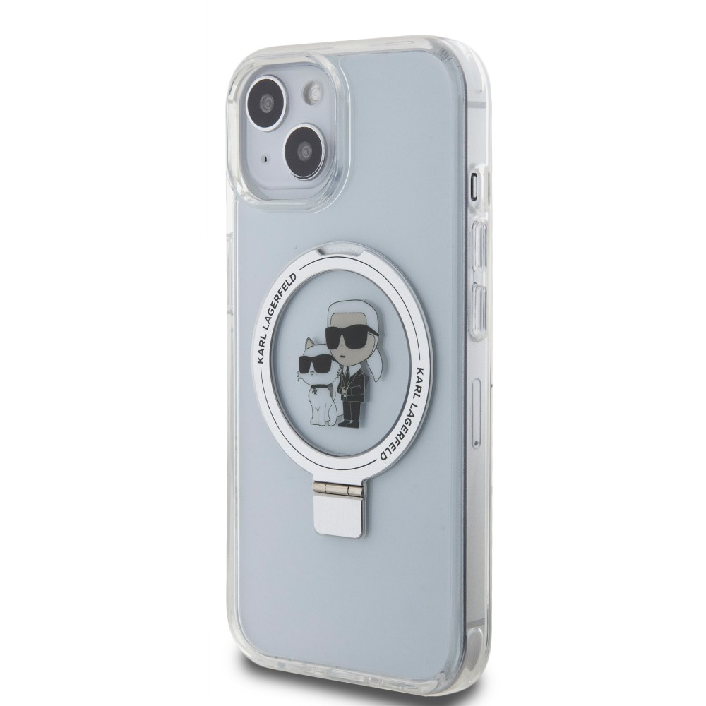 iPhone 15 Case Hülle - Karl Lagerfeld und Choupette Gel lackiert mit integriertem, abnehmbarem Metallstützring und Magsafe - Transparent