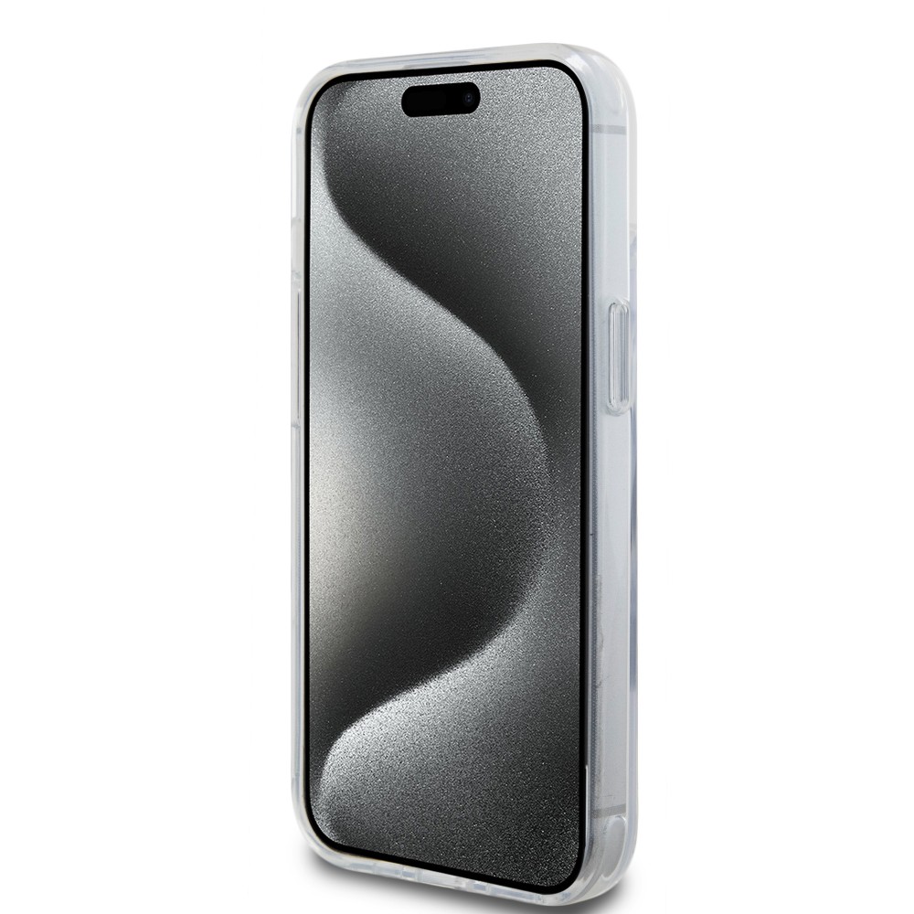 iPhone 15 Case Hülle - Karl Lagerfeld und Choupette Gel lackiert mit integriertem, abnehmbarem Metallstützring und Magsafe - Transparent
