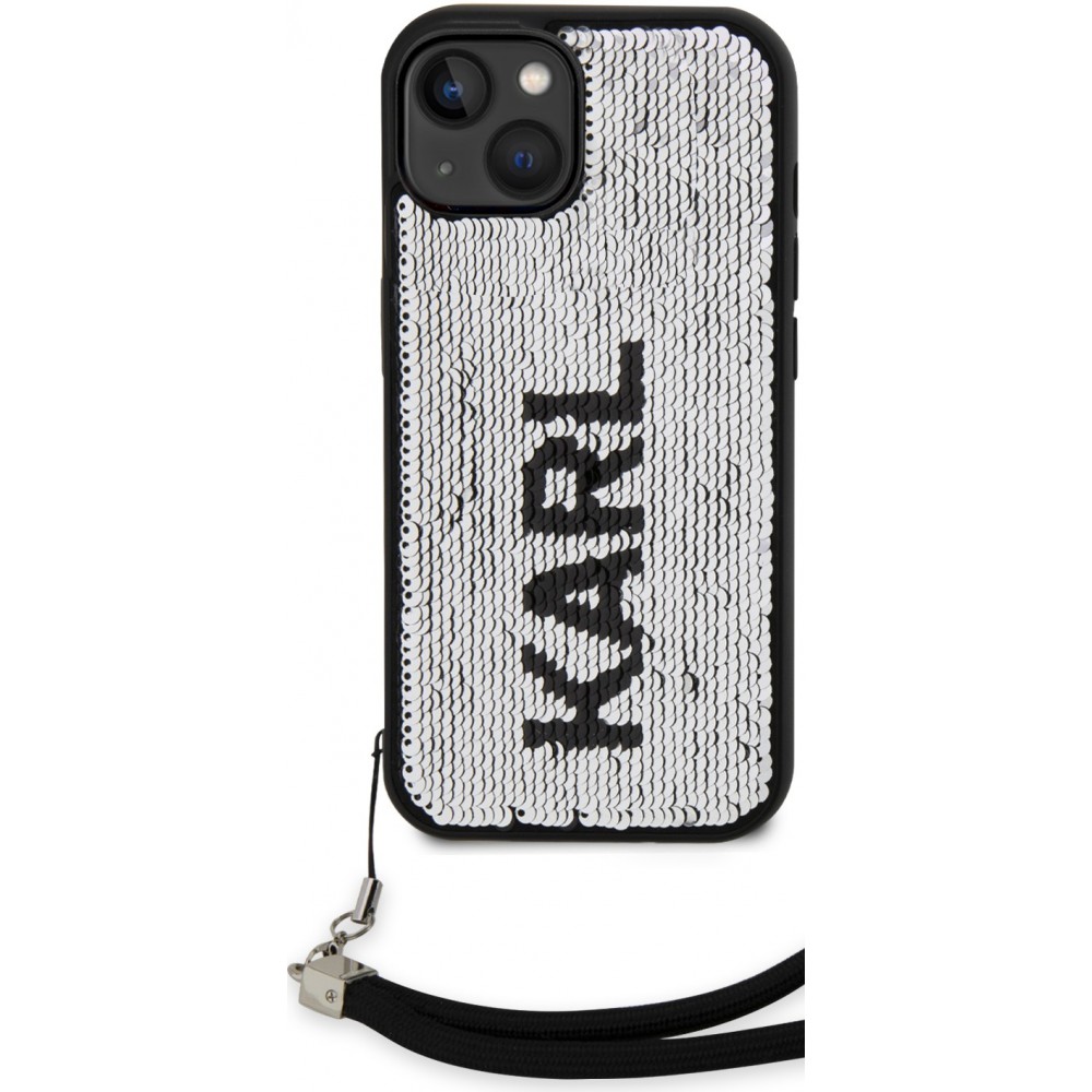 iPhone 15 Case Hülle - Karl Lagerfeld Pailletten Glitters reversible zweifarbig mit abnehmbarem Handgelenk Riemen - Schwarz / Silber