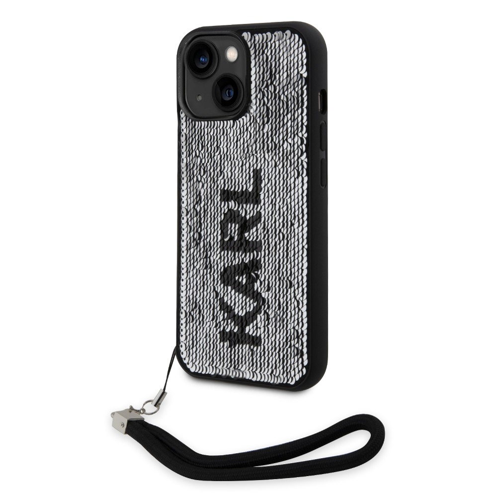 iPhone 15 Case Hülle - Karl Lagerfeld Pailletten Glitters reversible zweifarbig mit abnehmbarem Handgelenk Riemen - Schwarz / Silber