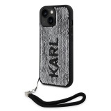 iPhone 15 Case Hülle - Karl Lagerfeld Pailletten Glitters reversible zweifarbig mit abnehmbarem Handgelenk Riemen - Schwarz / Silber