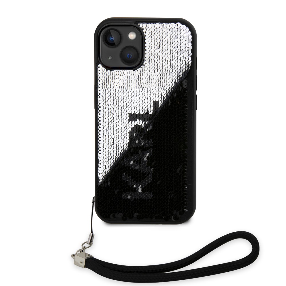 iPhone 15 Case Hülle - Karl Lagerfeld Pailletten Glitters reversible zweifarbig mit abnehmbarem Handgelenk Riemen - Schwarz / Silber