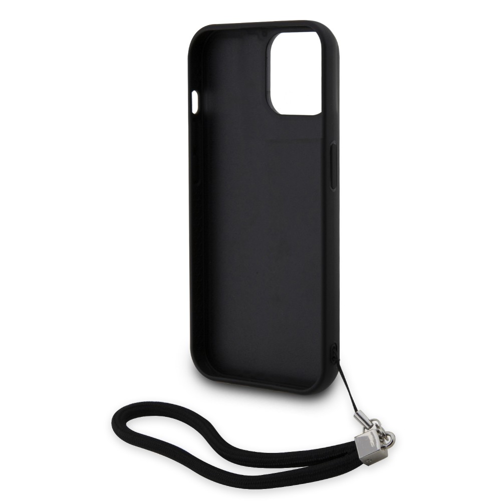 iPhone 15 Case Hülle - Karl Lagerfeld Pailletten Glitters reversible zweifarbig mit abnehmbarem Handgelenk Riemen - Schwarz / Silber