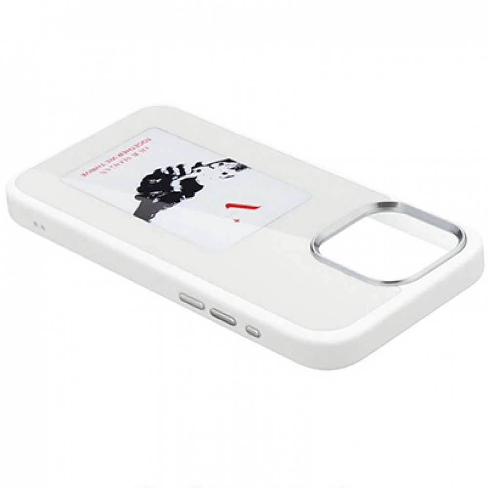 iPhone 15 Pro Case H&uuml;lle - E-Ink Display DIY mit NFC-Technologie f&uuml;r pers&ouml;nlicher Foto-Hintergrund - Weiss