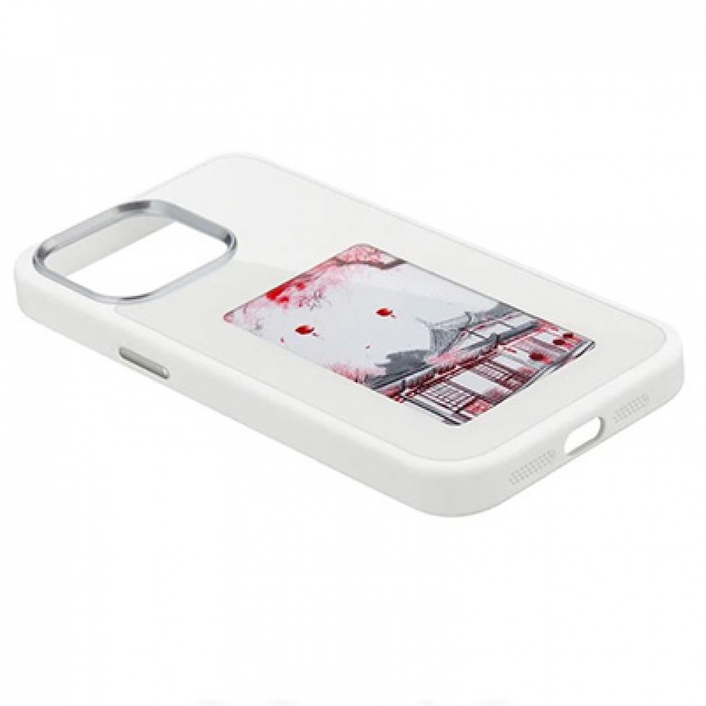 iPhone 15 Pro Case H&uuml;lle - E-Ink Display DIY mit NFC-Technologie f&uuml;r pers&ouml;nlicher Foto-Hintergrund - Weiss