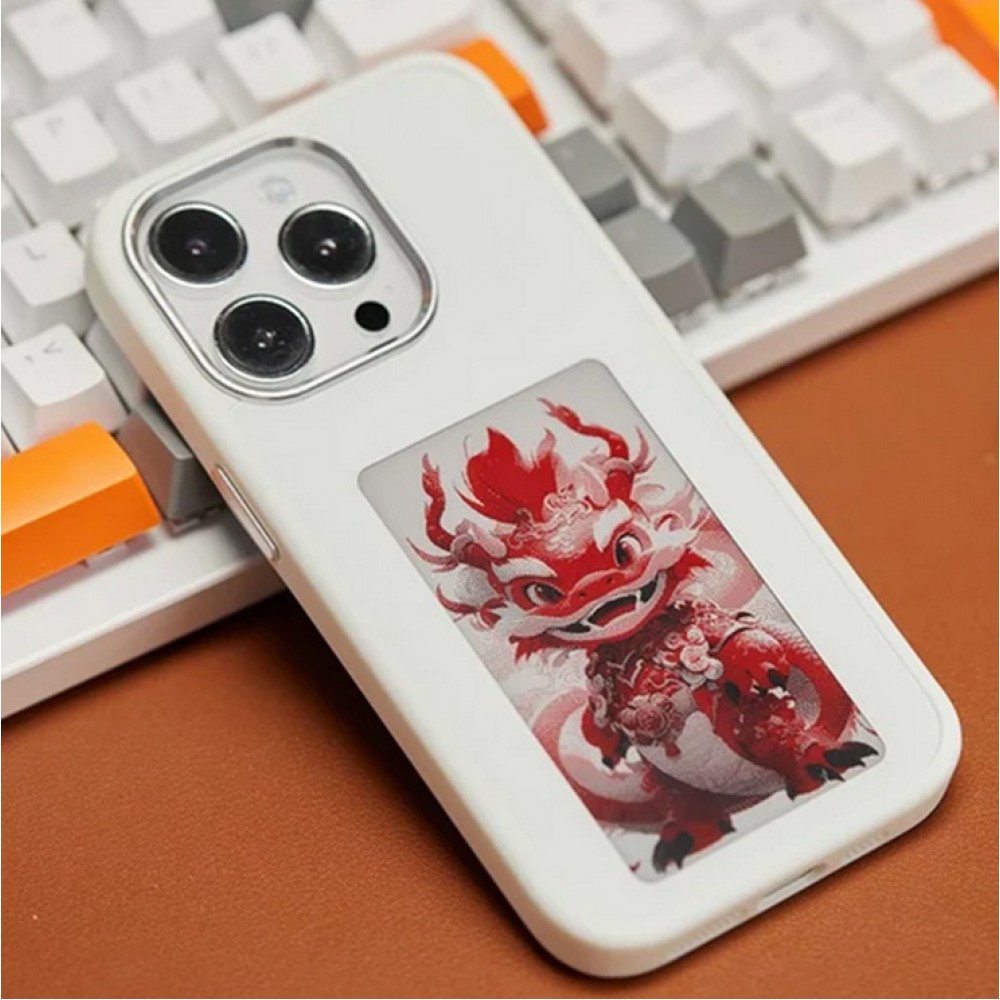 iPhone 15 Pro Case H&uuml;lle - E-Ink Display DIY mit NFC-Technologie f&uuml;r pers&ouml;nlicher Foto-Hintergrund - Weiss