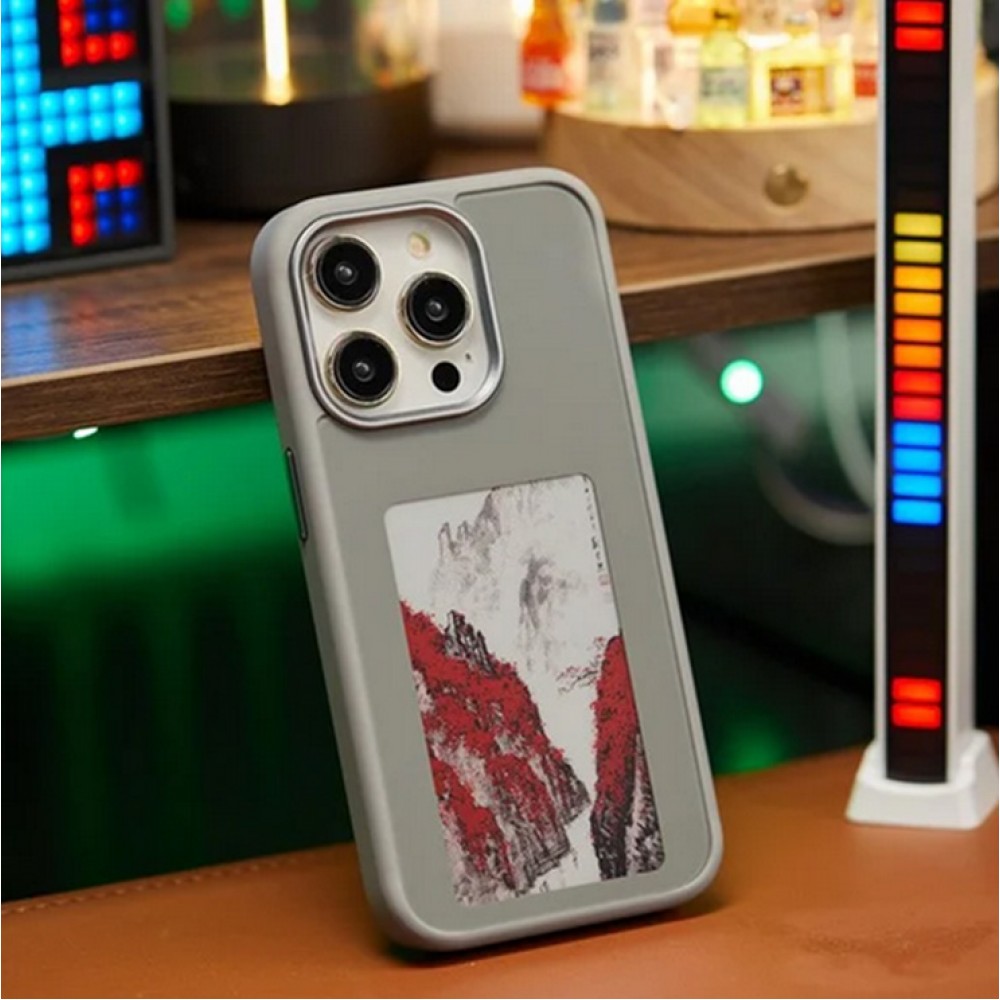 iPhone 15 Pro Case H&uuml;lle - E-Ink Display DIY mit NFC-Technologie f&uuml;r pers&ouml;nlicher Foto-Hintergrund - Grau