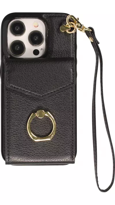 iPhone 15 Pro Max Case Hülle - DeLuxe elegantes Lederlook Cover mit Wallet + Tragering - Schwarz
