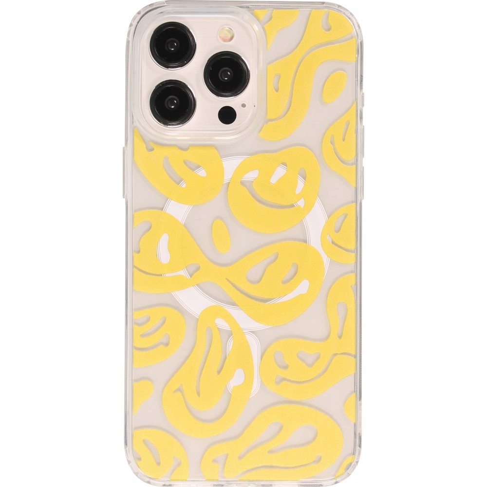 iPhone 15 Pro Max Case Hülle - Gummi Silikon MagSafe transparent Liquid Smiley - Gelb