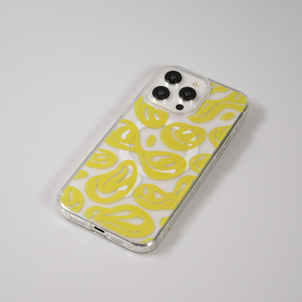 iPhone 15 Pro Max Case Hülle - Gummi Silikon MagSafe transparent Liquid Smiley - Gelb