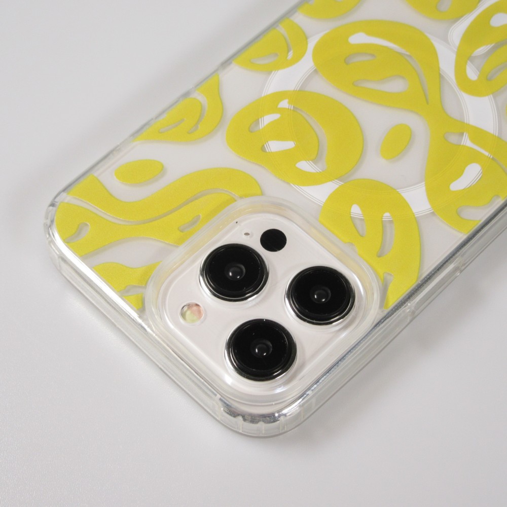 iPhone 15 Pro Max Case Hülle - Gummi Silikon MagSafe transparent Liquid Smiley - Gelb