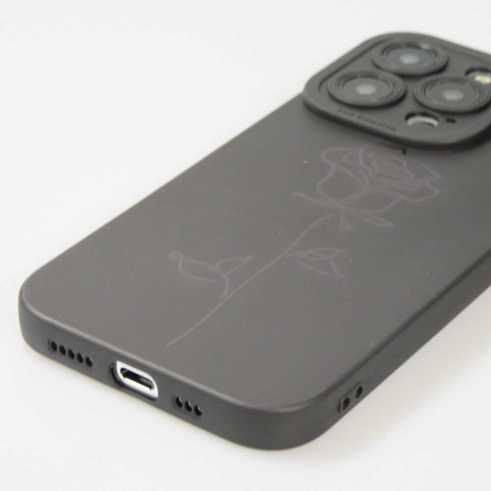 iPhone 15 Pro Case Hülle - Weiches Silikongel mit Kameraschutz - Minimalistische Rose - Schwarz