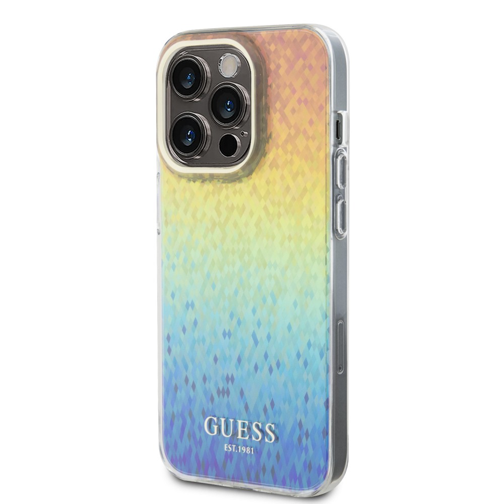 iPhone 15 Pro Max Case Hülle - Guess schillernder Spiegel-Multifacetten-Farbverlauf im Disco-Stil mit goldenem Logo - Multicolor