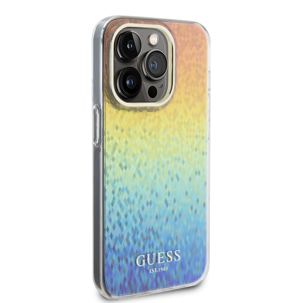 iPhone 15 Pro Max Case Hülle - Guess schillernder Spiegel-Multifacetten-Farbverlauf im Disco-Stil mit goldenem Logo - Multicolor