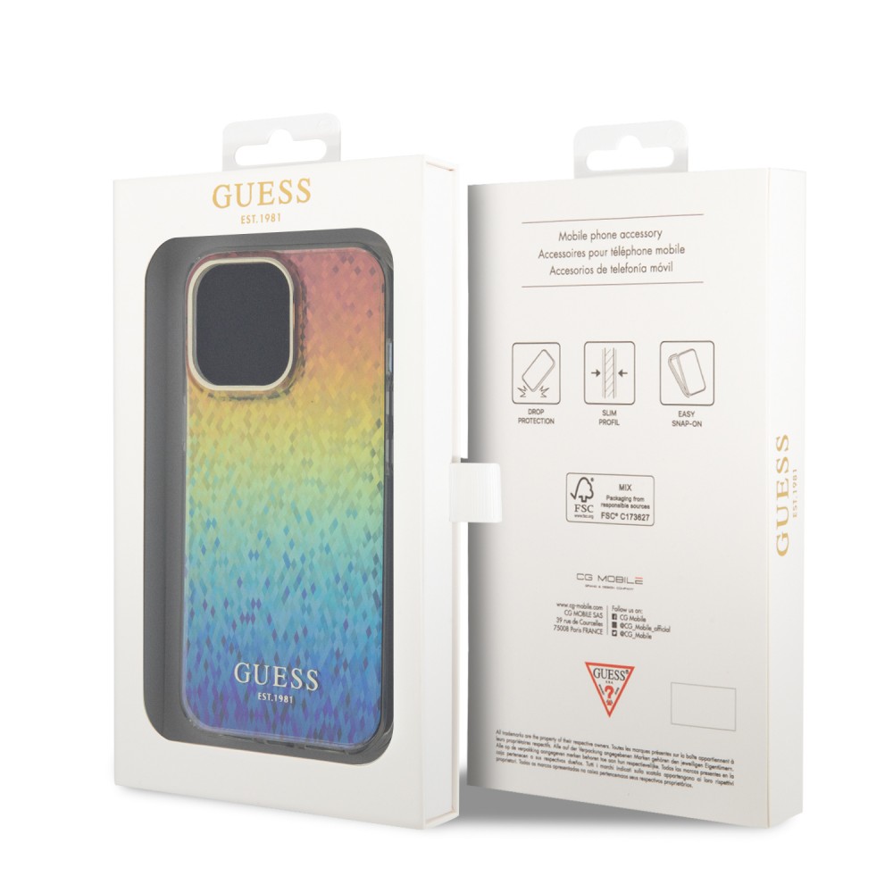 iPhone 15 Pro Max Case Hülle - Guess schillernder Spiegel-Multifacetten-Farbverlauf im Disco-Stil mit goldenem Logo - Multicolor