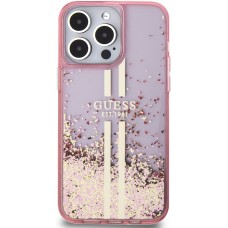 iPhone 15 Pro Max Case Hülle - Guess starres Gel flüssiger Glitter in Gold und Silber mit goldenem Logo - Rosa