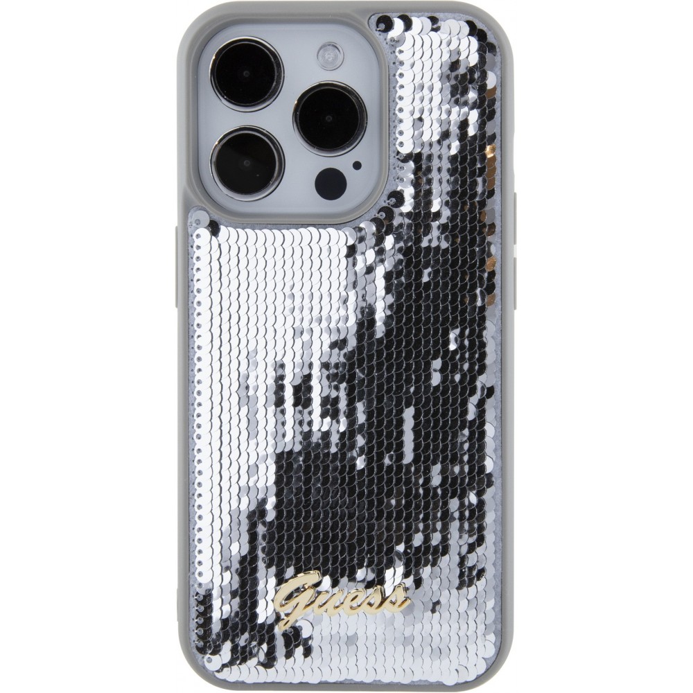 iPhone 15 Pro Max Case Hülle - Guess Anti-Stress Wendepailletten mit goldenem Metalllogo - Silber