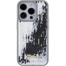 iPhone 15 Pro Max Case Hülle - Guess Anti-Stress Wendepailletten mit goldenem Metalllogo - Silber