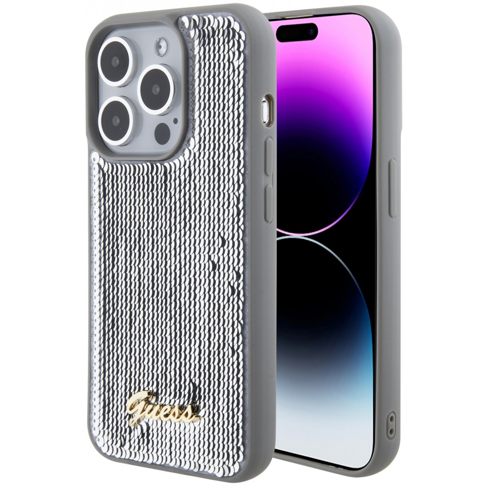 iPhone 15 Pro Max Case Hülle - Guess Anti-Stress Wendepailletten mit goldenem Metalllogo - Silber
