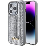 iPhone 15 Pro Max Case Hülle - Guess Anti-Stress Wendepailletten mit goldenem Metalllogo - Silber