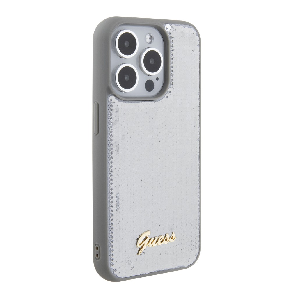 iPhone 15 Pro Max Case Hülle - Guess Anti-Stress Wendepailletten mit goldenem Metalllogo - Silber