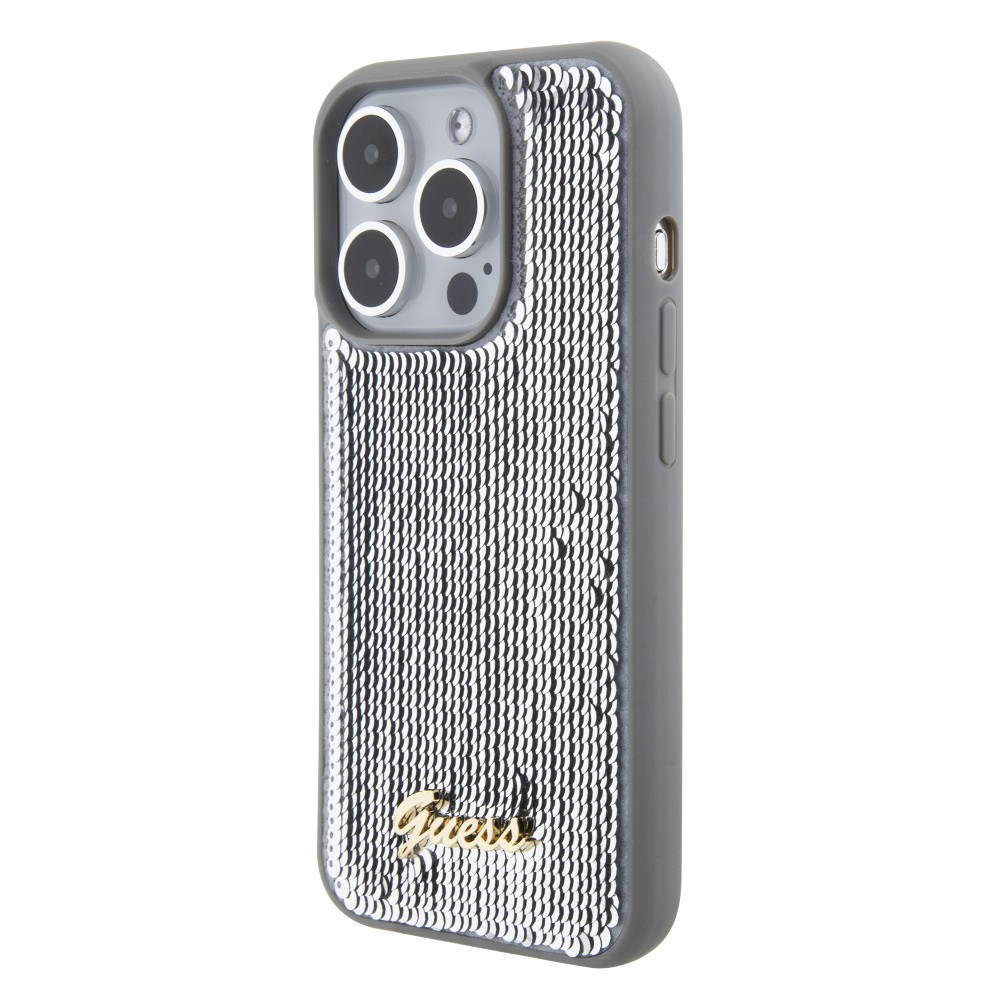 iPhone 15 Pro Max Case Hülle - Guess Anti-Stress Wendepailletten mit goldenem Metalllogo - Silber