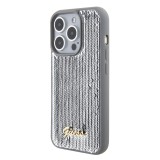 iPhone 15 Pro Max Case Hülle - Guess Anti-Stress Wendepailletten mit goldenem Metalllogo - Silber